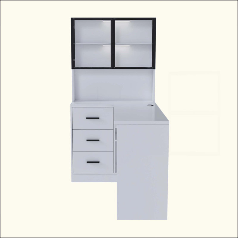 Bureau d'ordinateur avec armoires en verre et lumières DEL intégrées, bureau de coin en L avec ports de chargement USB, plateau à clavier, conception ergonomique pour les espaces de travail à domicile et en entreprise