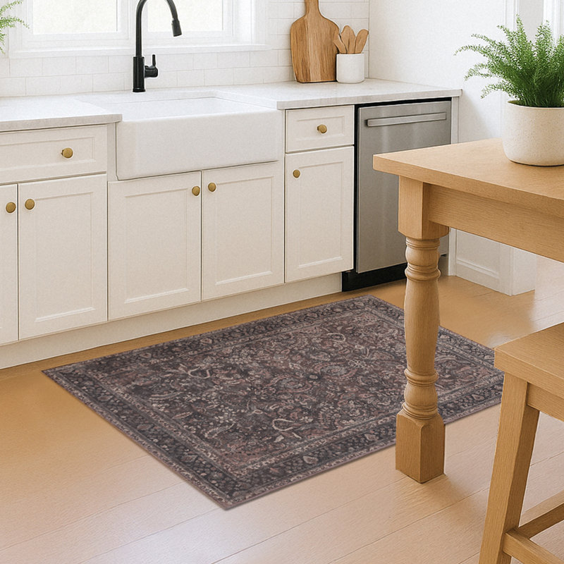 Oriana Ember Mauve Gray Machine Washable Non-Slip Stain-Resistant Traditional Vintage Floral Bedroom Kitchen Entryway Area Rug - 3'x5'