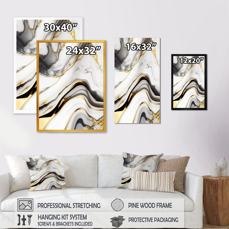 «Abstract Geode Marble Waves Grey IV», reproduction sur toile, Impression noire sur toile encadrée, L 12 po x H 20 po