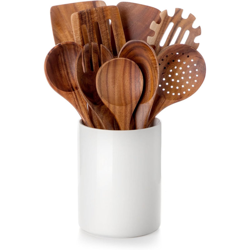 Natural Wood 10-Piece Cooking Utensils Set with White Ceramic Holder