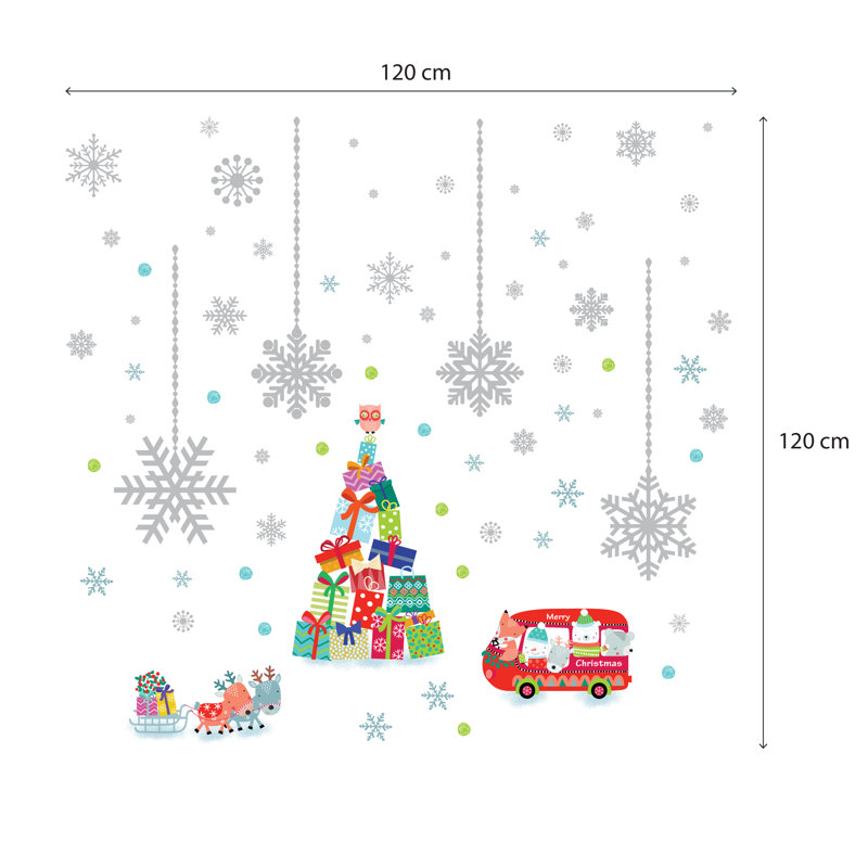 Adhésif décoratif arbre de Noël renne et flocons de neige argentés