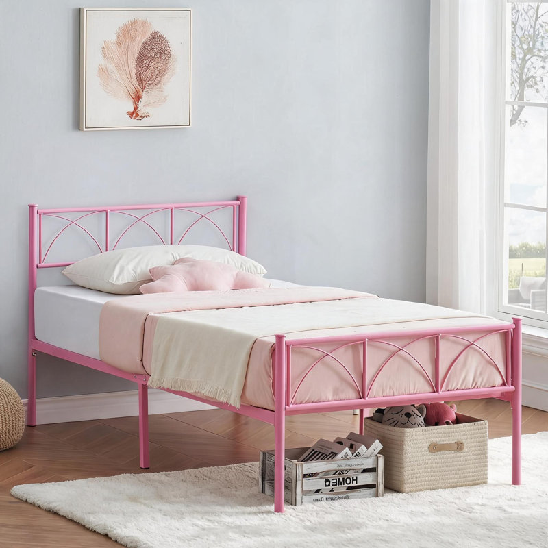Cadre de lit simple en métal, cadre de lit plateforme avec tête de lit et pied de lit, cadre de lit robuste avec lattes de métal robustes, structure de matelas facile à installer, aucun sommier requis, rose