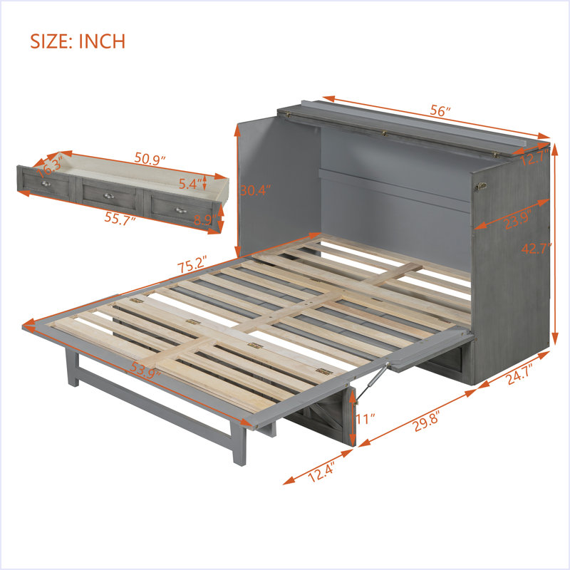 Lit escamotable double avec grands tiroirs, Gris