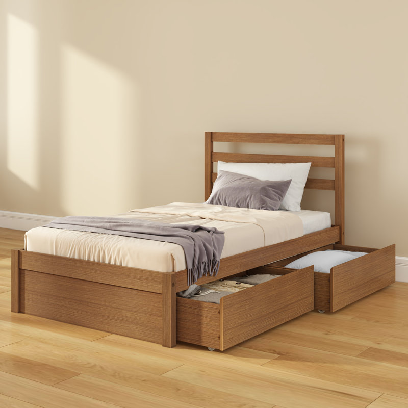 Lit plateforme simple avec tiroirs de rangement et tête de lit Bear, Embossed Pecan, Twin