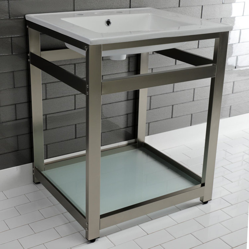 Quadras Ceramic Rectangular Console Bathroom Sink with Overflow, White/Brushed Nickel, 8" Centers