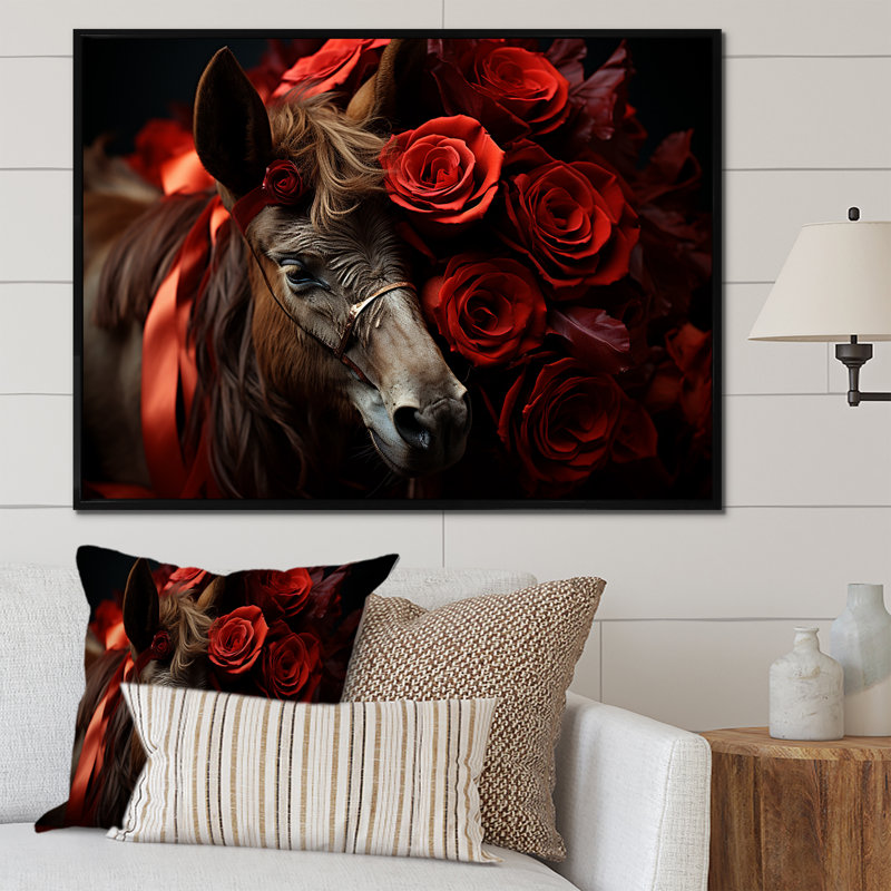 «Black and Red Roses Charm», art mural âne, Cadre flottant noir, H 34 po x l 44 po x P 1,5 po