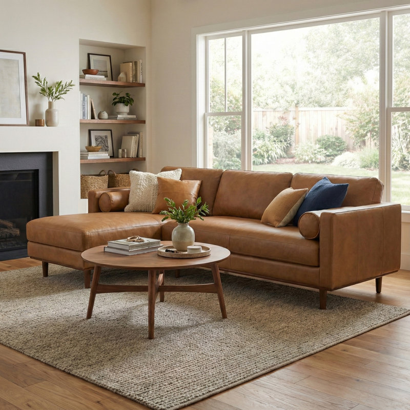 Canapé modulaire Morrison Mid Century, Cuir véritable caramel, Orienté à gauche (vu de face)