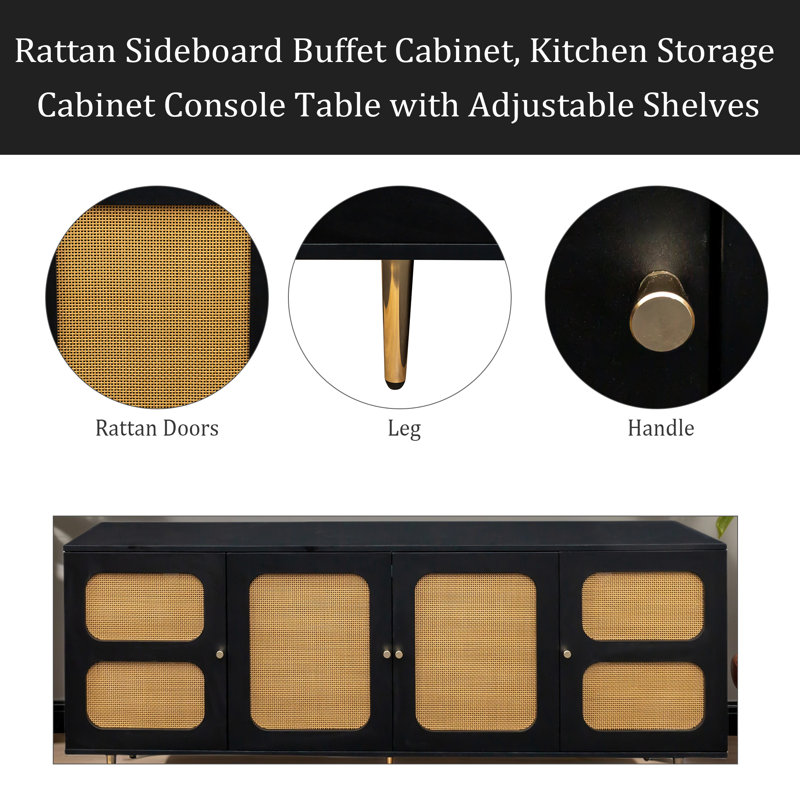 Buffet en rotin, armoire de rangement, console avec tablettes réglables pour le salon, la salle à manger et la chambre à coucher (noir)