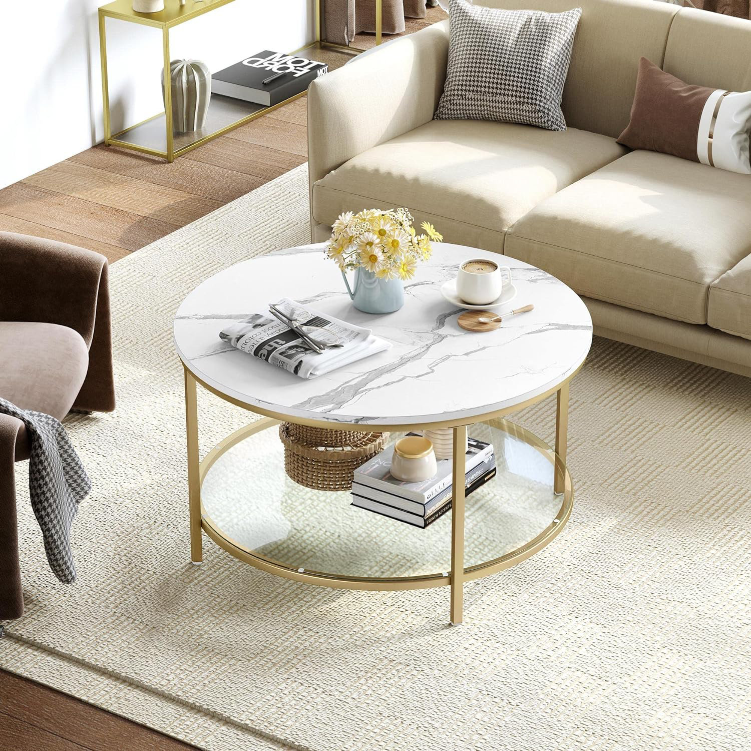 Everly Quinn Round Coffee Table with Glass for Living Room, 2-Tier ...