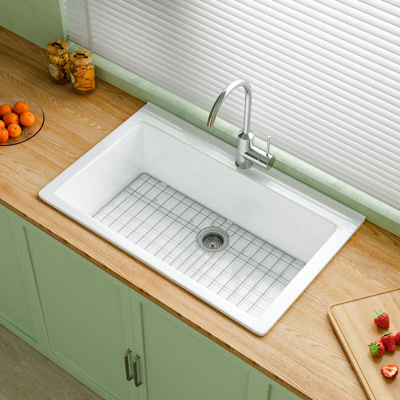 33" L x 22" W Fireclay Drop In Kitchen Sink 1 Hole, Topmount Single Bowl White for Kitchen, Included 2 Custom Accessories