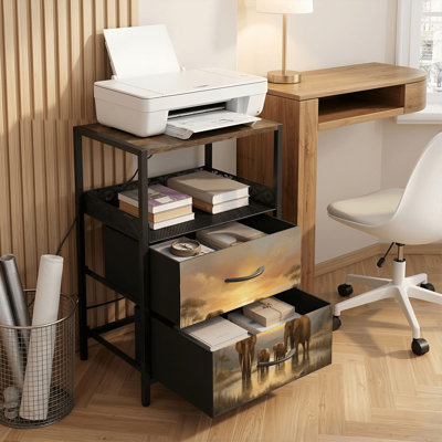 Table de chevet 2 tiroirs avec station de charge, table de chevet pour chambre à coucher avec ports USB, tablette ouverte noire, table de chevet avec impression de famille des éléphants contre l'eau du coucher du soleil