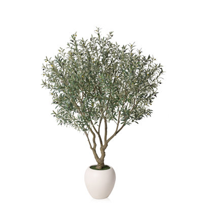Artificial Olive Tree 8Ft With Realistic Leaves & Olives - Full Large Tree With Silk Fabric Foliage, Bendable Branches & Textured Trunk, Sun-Resistant Color For Bright Spaces - Faux Indoor Decor For Living Room Corner, Entryway, Office, Patio, 18In