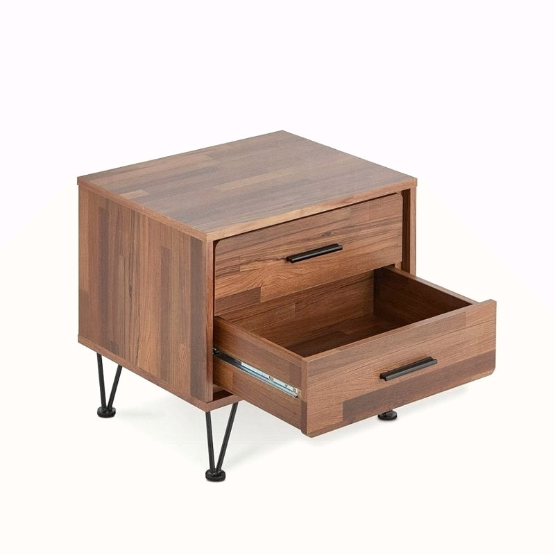 2 Drawers Nightstand With Metal Legs, Black/Brown