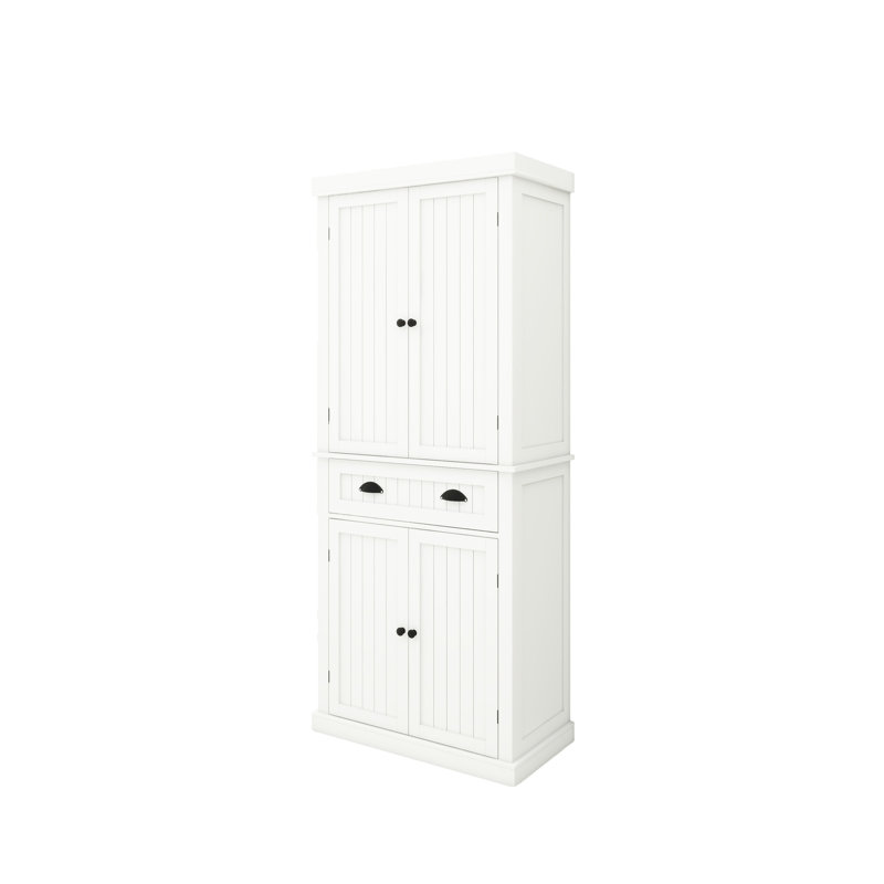 71" Living Room Pantry Cupboard - White. 4 Doors, Drawer, 2 Adjustable Shelves. Spacious Storage, Finish Kitchen With Drawer Stores Appliances. Stylish Design, Painting, Stable Base, Easy Assembly
