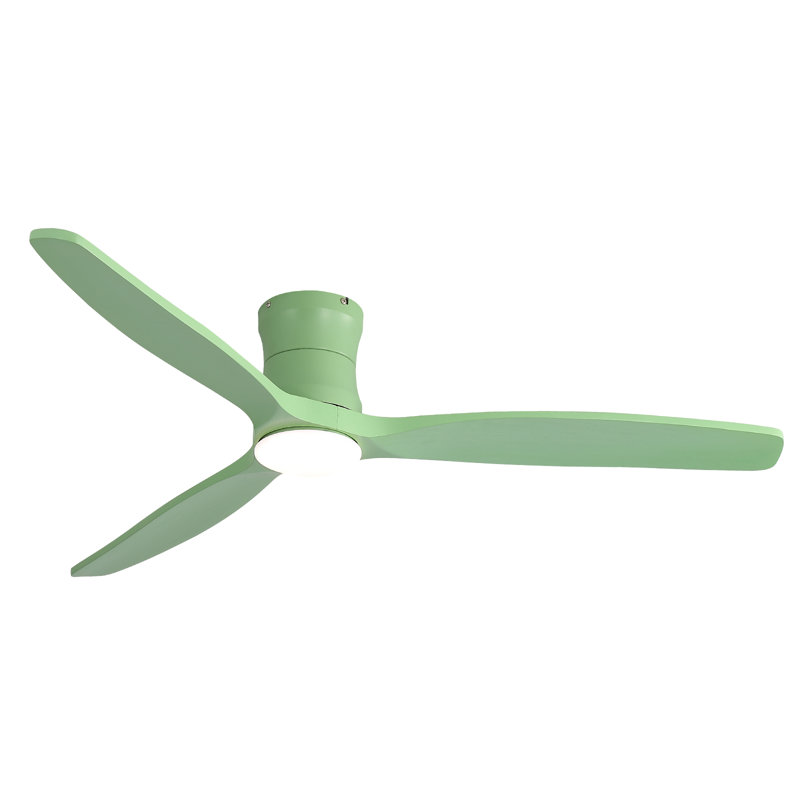 52" 3-Solid Wood Blade Transitional Modern Flush Mount Dimmable Led Ceiling Fan With Light Kit And Remote Control, Green