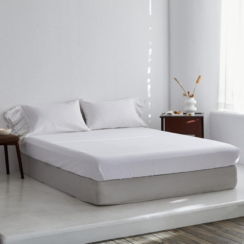 Linen Cotton Fitted Sheet, White , King Fitted Sheet