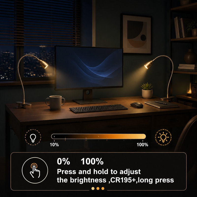 Lampe de lecture à pince dorée (1 pièce) avec col de cygne flexible, 3 options de couleur, gradation progressive et éclairage DEL réglable alimenté par USB pour têtes de lit de dortoir, chambres, dortoirs et bureaux