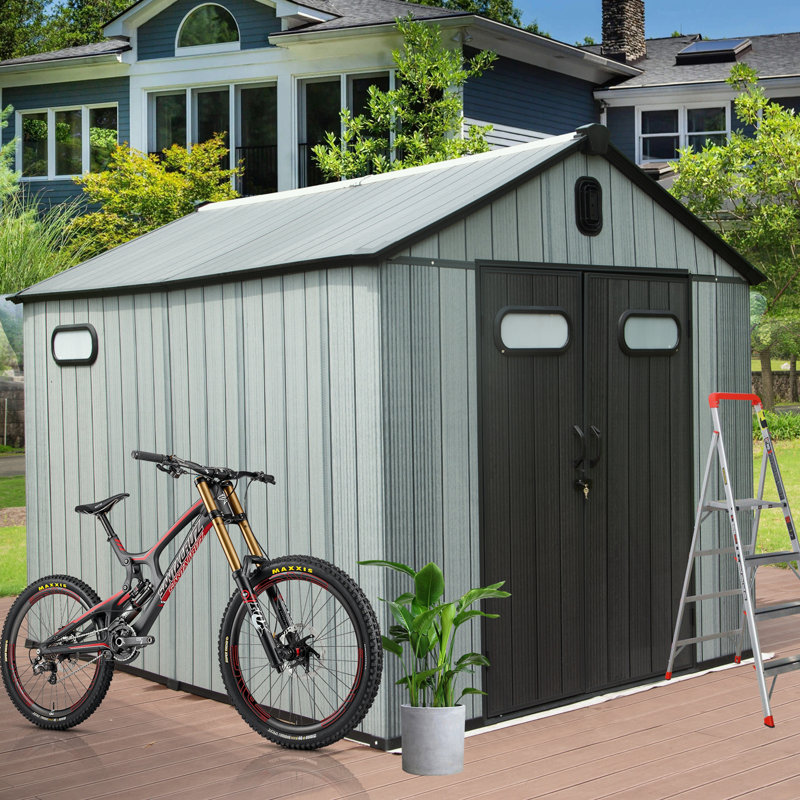 Remise de rangement extérieure en résine avec porte verrouillable, fenêtres et évents, H 93,60 po x l 90,60 po x P 112,80 po