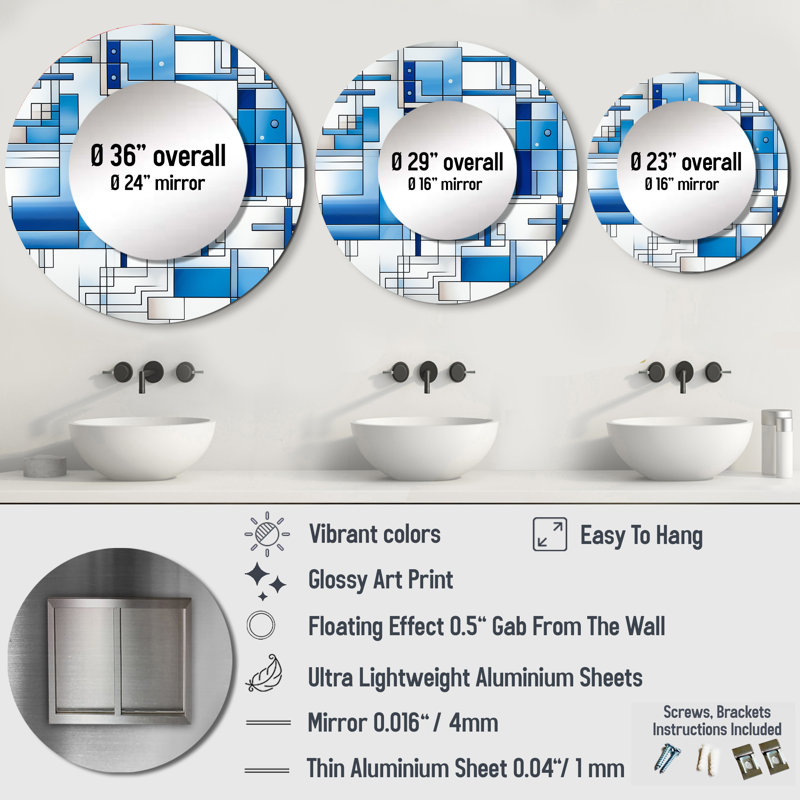 Vintage White An Blue Rectangles Stripes - Modern Round Mirror Wall Decor_MTMIR127099, 23" x 23"