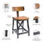 Tabouret de comptoir avec dossier, assise et structure solides, l 17,5 po x P 22,34 po x P 38,5 po, assemblage requis, base, dossier détachable de couleur ambre - bois franc, style industriel, capacité de 300 lb, h 38,5 po