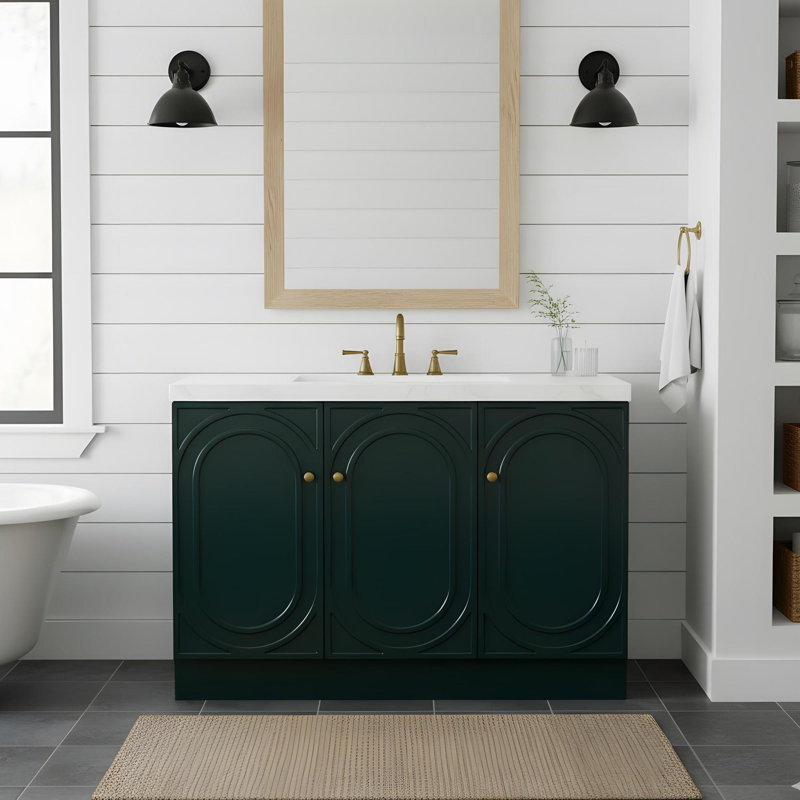 Meuble-lavabo autoportant avec lavabo en résine blanche, Vert foncé