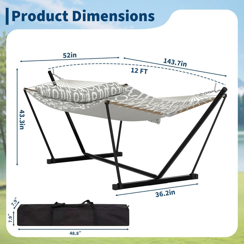 370cm 2 Person Hammock with Heavy Duty Metal Stand, Cotton Polyester Outdoor Hammock 204kg Weight Capacity with Carry Bag, Blue & Green for Patio Garden Backyard Camping Beach