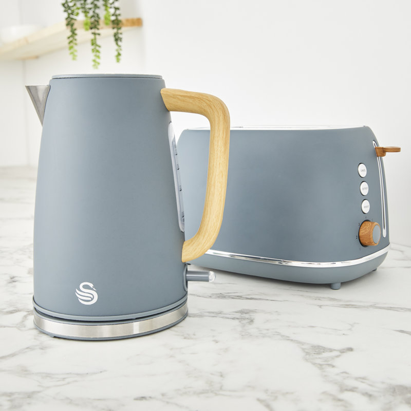 Swan Fjord Kitchen Set, 1.7L Rapid Boil Kettle with Wood Effect Handle and 800W 2-Slice Toaster with 7 Browning Levels,  Grey