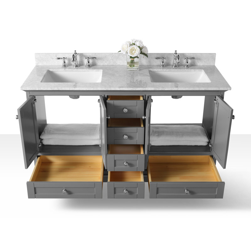 Audrey 60'' W Double Vanity, Sapphire Gray/Brushed Nickel, Carrara White Marble
