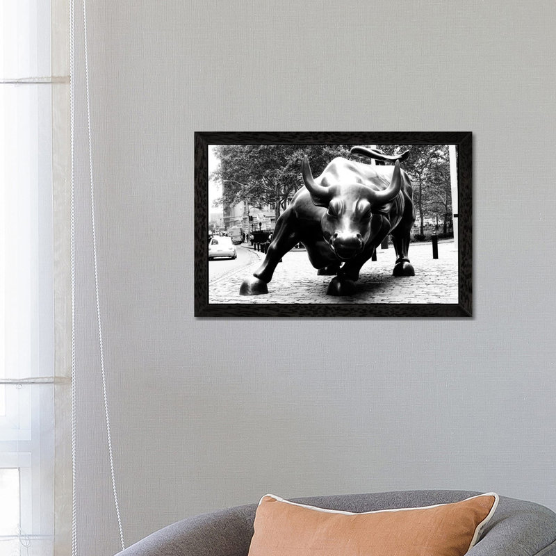 Wall Street Bull Black And White - Print on Canvas, 152.5 cm H x 101.5 cm W, Black Framed