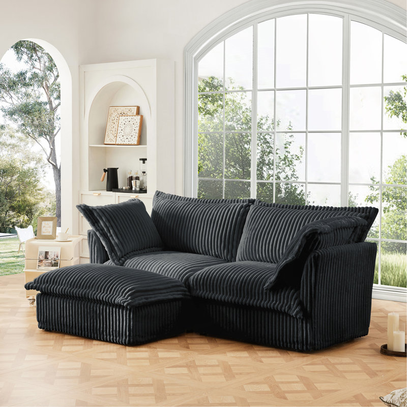 Canapé modulaire 2 places avec housse et repose-pieds convertible, Velours côtelé gris