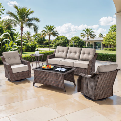 Sami 5-Piece Wicker Patio Furniture Set, 6-Inch Ultra Thick Cushioned 360° Swivel Glider Chairs & Sofa