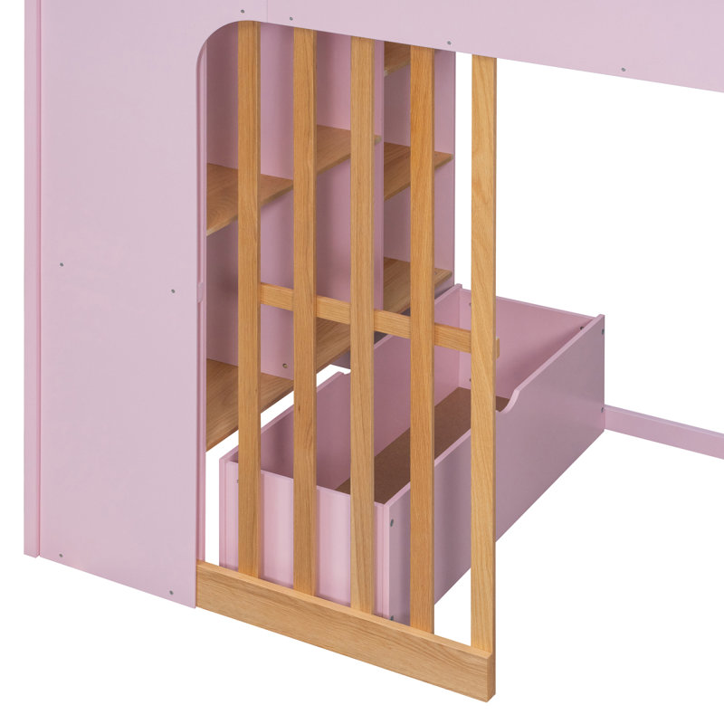 Lit mezzanine simple avec tablettes, lit mezzanine en bois avec échelle et tablettes de rangement, rose et chêne naturel