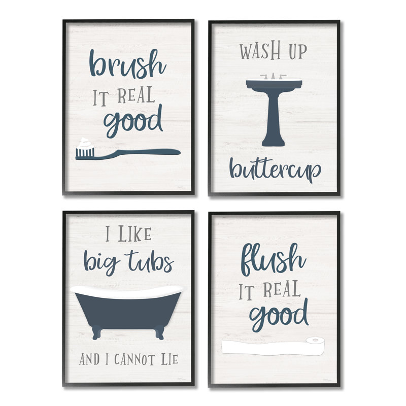 «Bathroom Rules Humor Good Hygie Puns», ensemble de 4 textures giclées sur fond noir et gris par Natalie Carpentieri