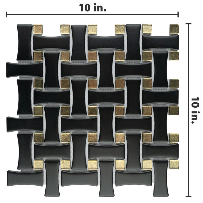 Metro Dog Bone Basketweave 0.92 In. X 2.26 In. Porcelain Basketweave Mosaic Wall Tile, Matte Black w/Glass Gold Dot