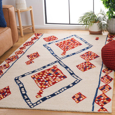 Yeager Geometric Handmade Tufted Wool Beige/Red Area Rug