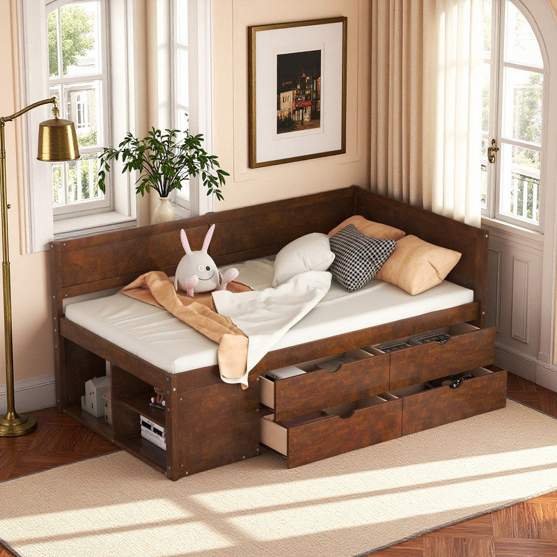 Lit de jour simple avec tiroirs et tablettes de rangement, Noyer