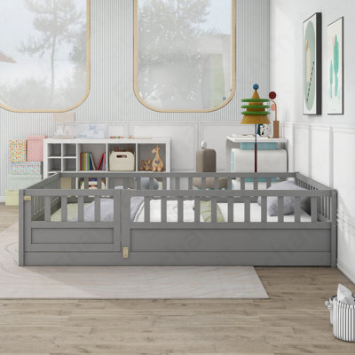 Full Size  Floor Bed, Integral Construction With Super High Security Barrier, Door, Children's Floor Bed Frame, Montessori Wooden Children's Floor Bed,  Grey