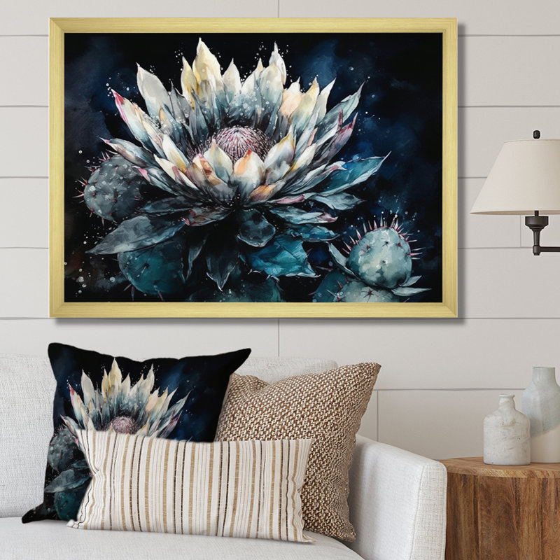 Ryou, fleur de cactus vert sur toile, H 34 po x l 44 po x P 1,5 po, Encadrement doré