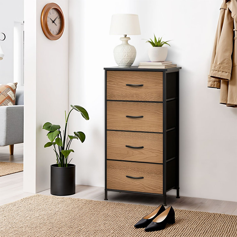 Commode pour commode de chambre à coucher pour commode à texture de bois et commodes de rangement en tissu avec 4 tiroirs
