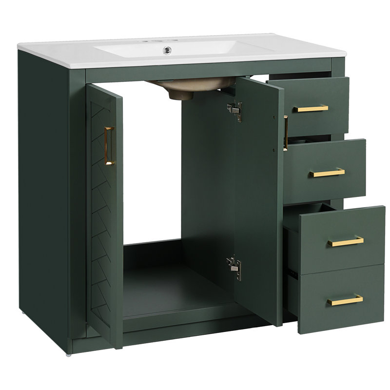 36 po, armoire de salle de bain, lavabo en céramique, planches, glissière à tiroir lisse, rangement multifonctionnel, cadre moderne en bois massif, rangement spacieux pour les articles, portes à fermeture douce, design rétro