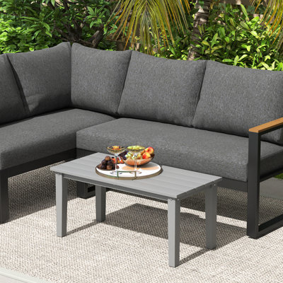 HDPE Outdoor Coffee Table, All-Weather Rectangle Patio Coffee Table, Plastic Outdoor Patio Table with Slatted Tabletop for Garden, Balcony, Backyard, Gray