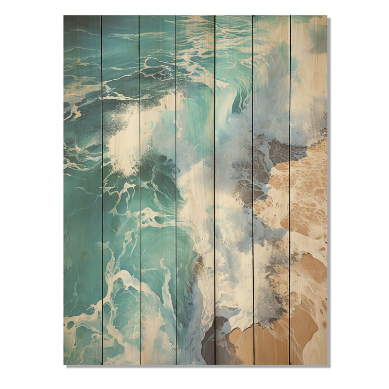Tropical Ocean Breeze From Above II - plage et océan sur bois, H 20 po x l 10 po