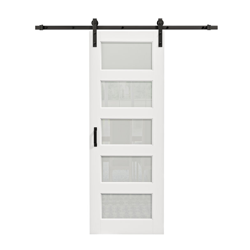 Porte coulissante de style grange, 5 carreaux, 80 po H, panneaux de verre et de bois, apprêt blanc, avec trousse de quincaillerie d'installation (aucun assemblage requis), fermeture amortie