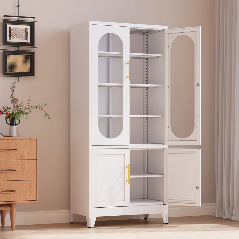 Rectangular Glass and Metal Lockable Iron Cabinet, Blanc