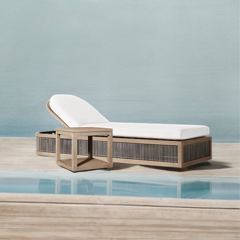 Teak Frame Outdoor Lounge Chair Outdoor Chaise Lounge Set with Table , Cushion Included
