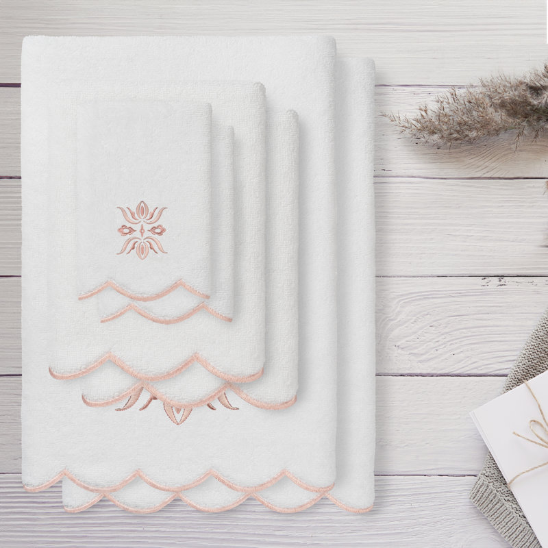  100% Turkish Cotton FLOWER CREST Scallop 6PC Embellished Towel Set, 6 Piece Towel Set, White/Pink