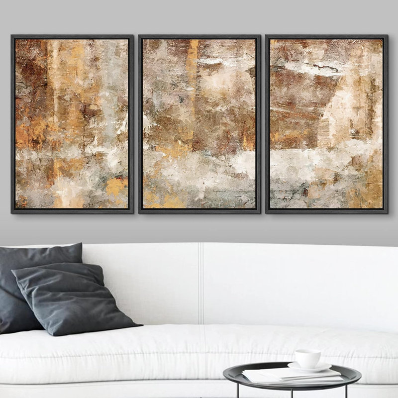 «Minimal Brown», 3 pièces sur toile, Cadre flottant noir, H 24 po x l 48 po