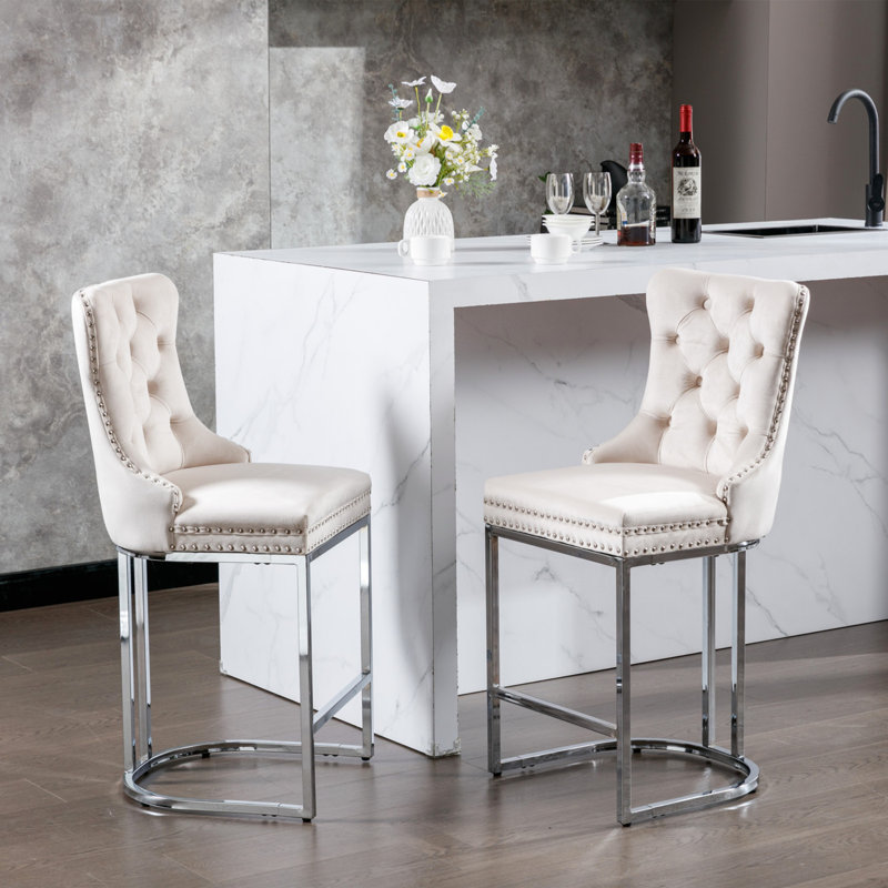 26 Inch Counter Height Bar Stools, Set Of 2 Modern Velvet Upholstered Chairs With Button Back And Rivet Trim, Sturdy Chromed Metal Base