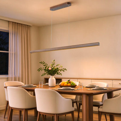 Suspension moderne en bois à intensité variable de 59 pouces pour îlot de cuisine, avec lustre DEL intégré et 3 températures de couleur.
