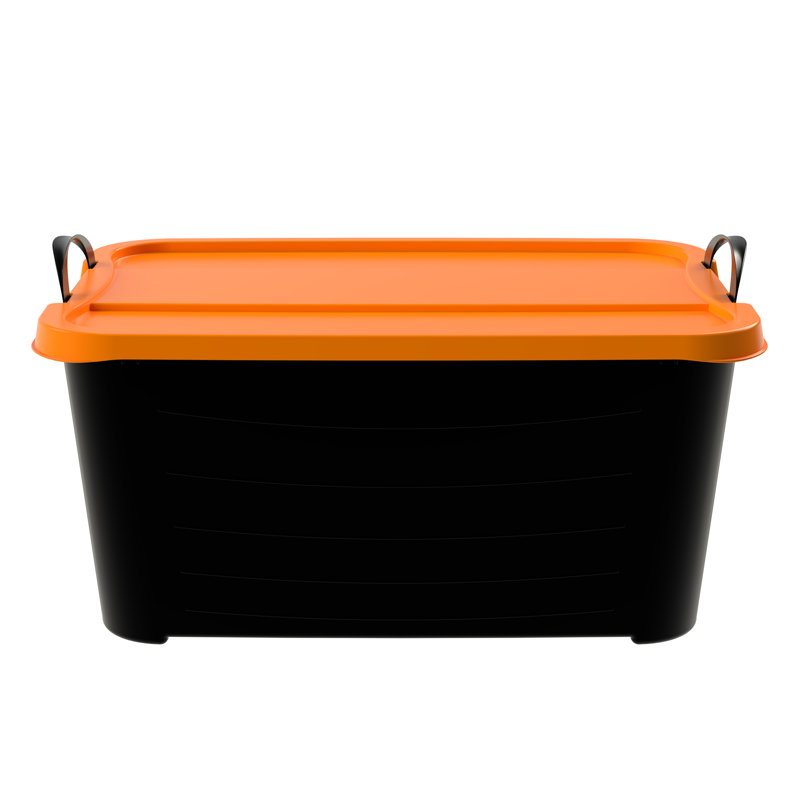  55Qt Stackable Storage Bin, Versatile Lidded Container, Black, 6 Pack, Black/Orange
